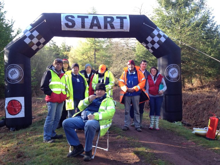 South Hams MC Marshals at start of a forest rally stage