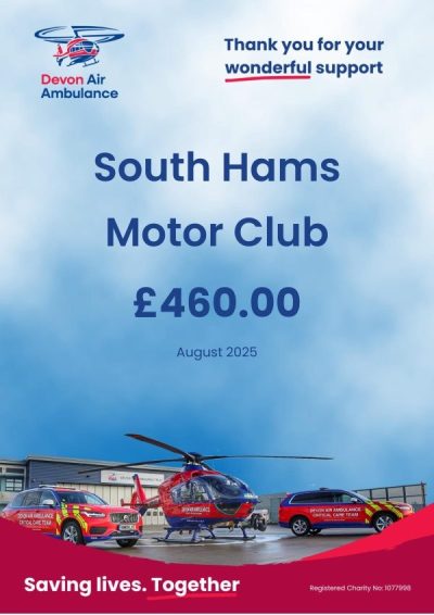 Devon Air Ambulance £460 donation from South Hams Motor Club certificate