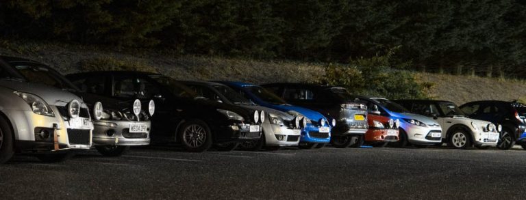 Night navigation rally cars lined up at start of an SHMC night rally